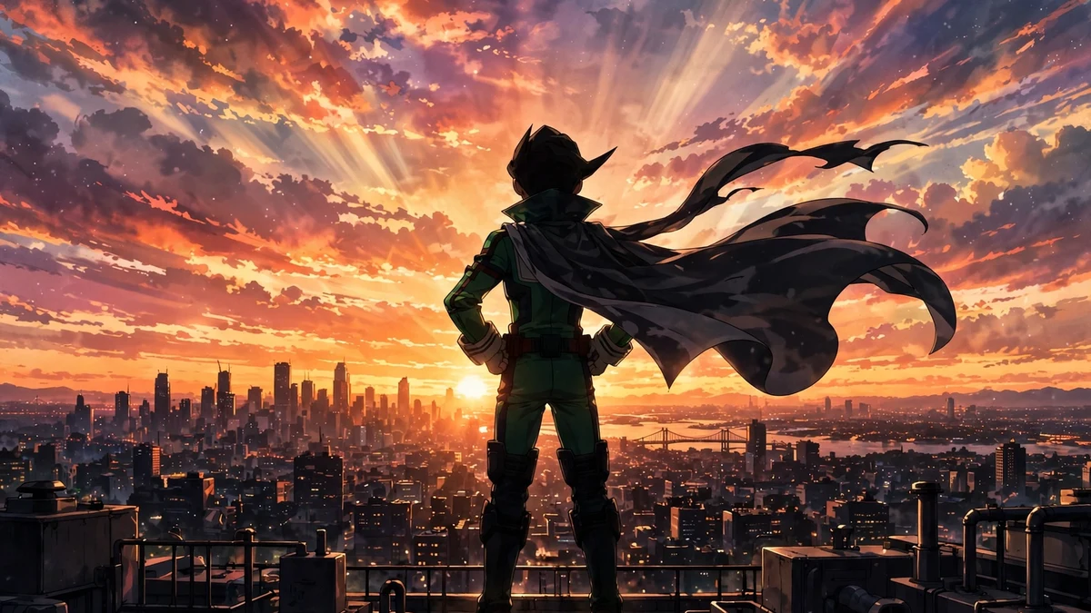 My Hero Academia Hindi dub guide India — original young hero silhouette on a rooftop at sunset, artwork