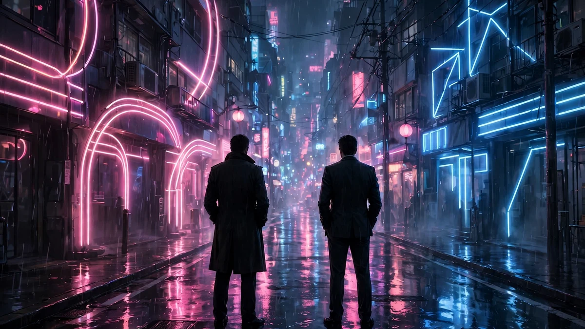 The Blue Road Netflix India guide — original two detectives on a rainy neon Tokyo street, artwork